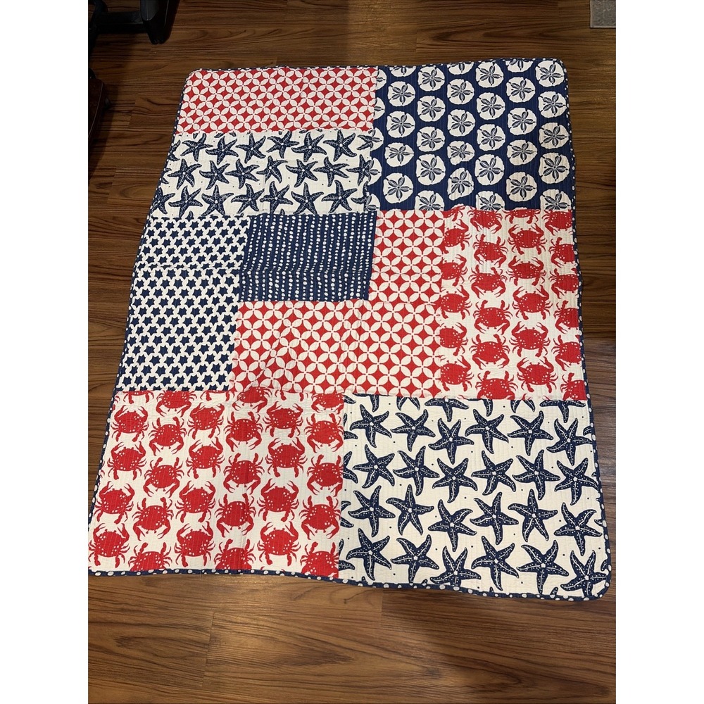 Nautical Patriotic Quilt Starfish Crabs Sand Dollars Red White Blue Beach Sea